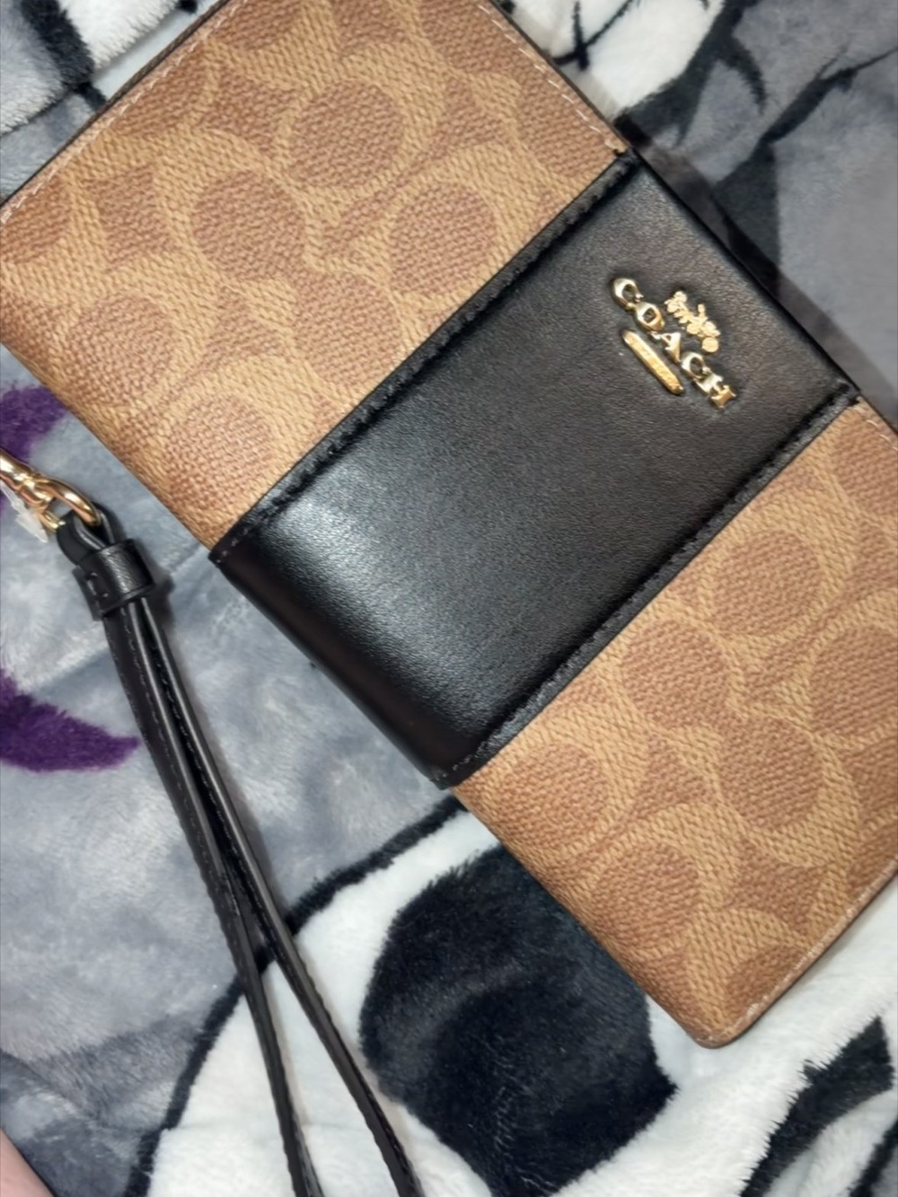 Coach Tan and Black Signature Wristlet Wallet